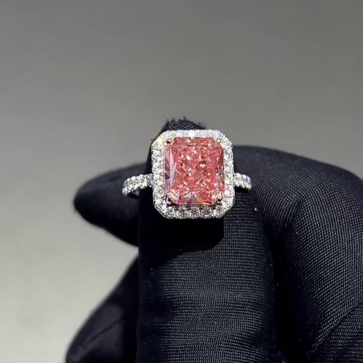Radiant Fancy Pink 4.70tcw Lab Grown Diamond Engagement Ring | Two-Tone Halo | Pavé Band | VVS–VS Clarity | IGI Certified | Luxury Ring