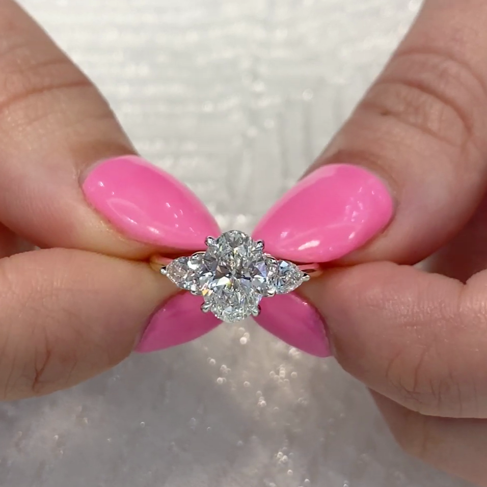 Oval 1.90tcw Lab Diamond Ring | 1.50ct Center + Pear Sides | IGI Certified | D-E-F VVS–VS