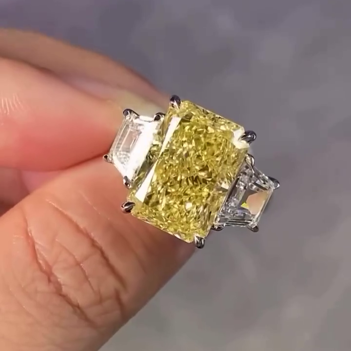 12.50tcw Fancy Yellow Radiant Lab Grown Diamond Ring | 2.5ct Trapezoid Side Stones | Three Stone Engagement Ring | White Gold | IGI Certified