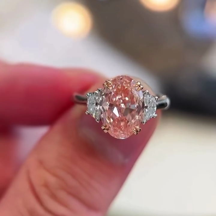 Oval Fancy Pink 3.00tcw Lab Grown Diamond Two Tone Three Stone Engagement Ring, VS Clarity