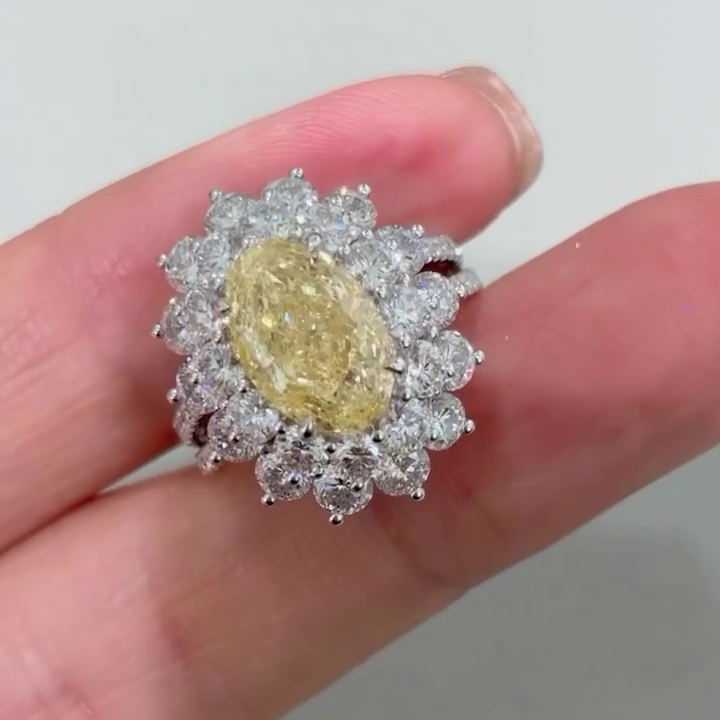 Yellow 1.50ct Lab Grown Diamond Halo Ring | Oval Fancy Yellow Diamond | 2.00ct White Side Stones | Double Halo Engagement Ring