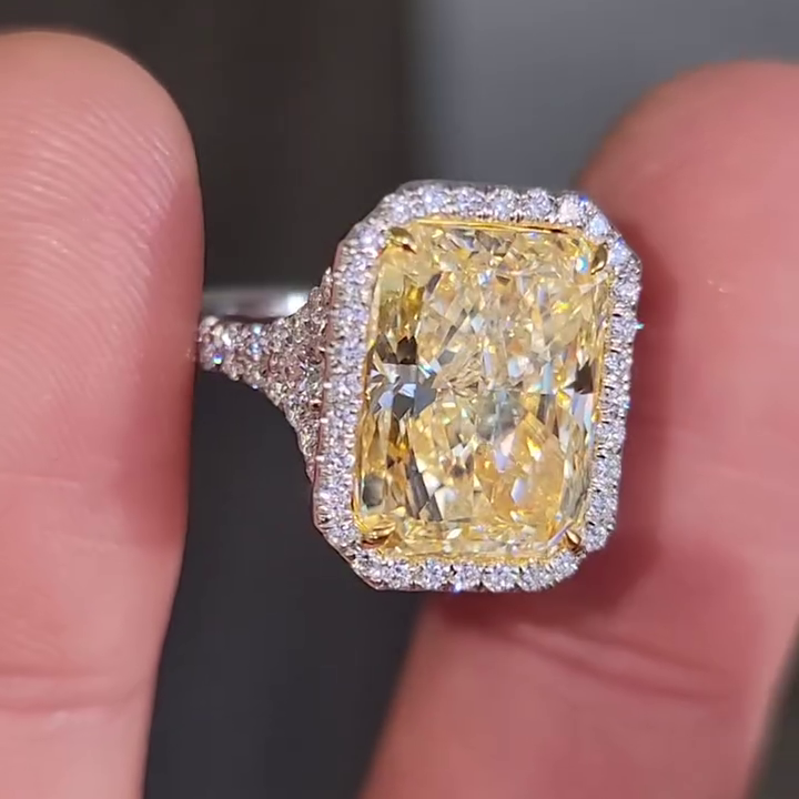 Radiant 8.30tcw Fancy Yellow Lab Diamond Ring | Pear Side Stones | Halo | IGI Certified