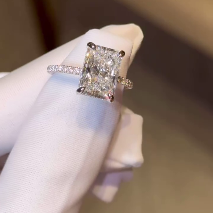 Radiant 3.50tcw Lab Diamond Ring | Modern Hidden Halo Design | Handcrafted Luxury Ring