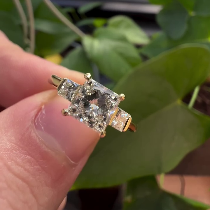 3.00tcw Princess Lab Grown Diamond Three Stone Engagement Ring | Half Bezel | IGI Certified