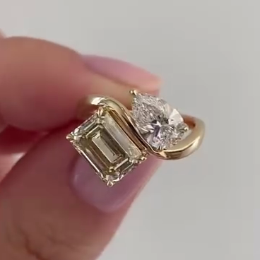Emerald Fancy Yellow And Pear White 2.50tcw Lab Grown Diamond Two Stone Engagement Ring, VS Clarity