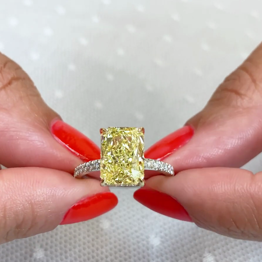 Radiant 3.90tcw Fancy Yellow Lab Diamond Ring | Two-Tone | Hidden Halo | IGI Certified