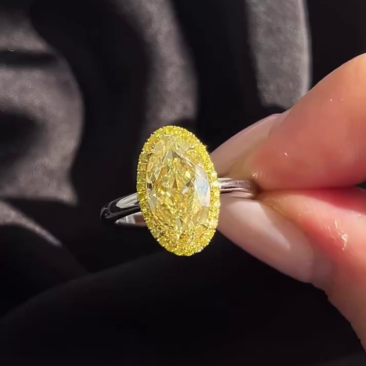 4.00ct Fancy Yellow Oval Diamond Halo Ring | 0.30ct Yellow Pavé | 14K White Gold | Statement Engagement Ring | Antique Cut Fine Jewelry