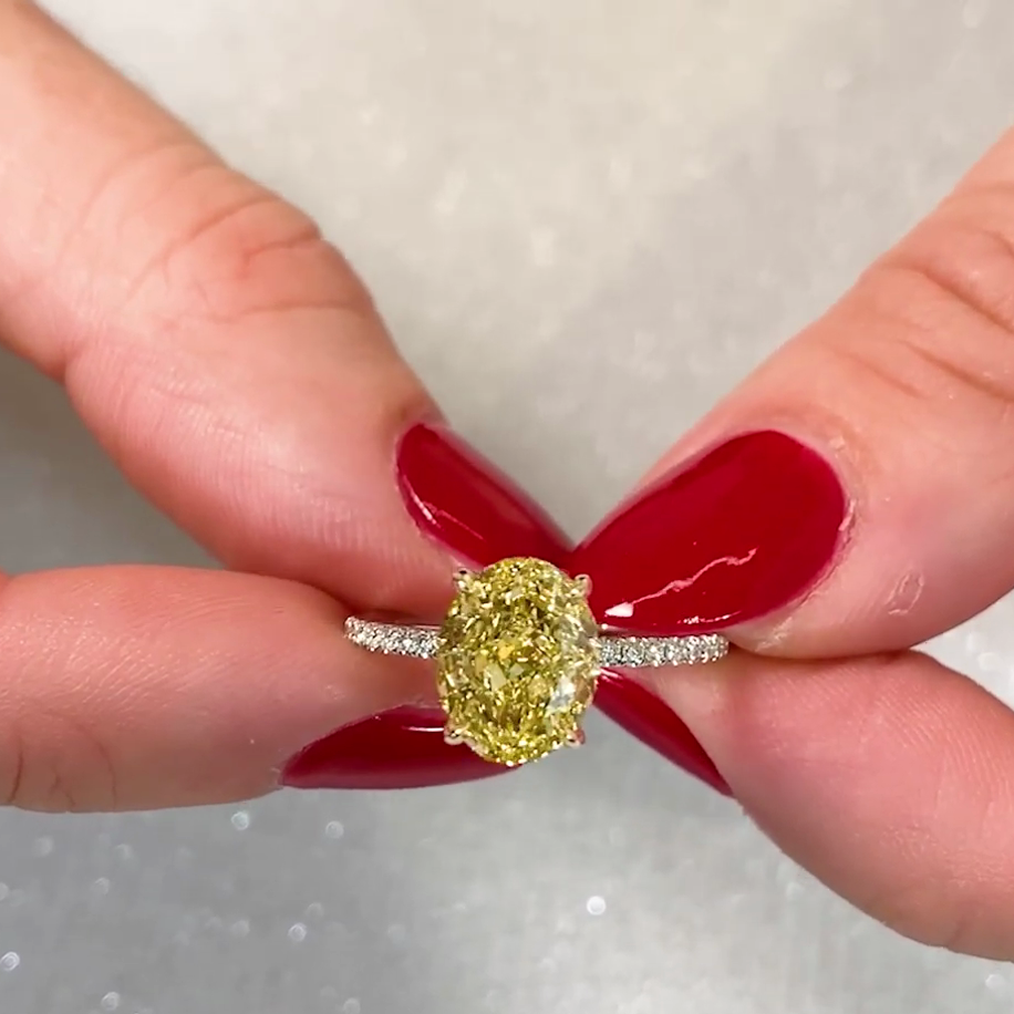 Oval Fancy Yellow 2.90tcw Lab Diamond Hidden Halo Ring | Two-Tone | IGI Certified