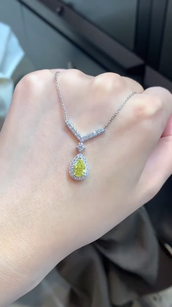 Pear 2.20tcw Fancy Yellow Lab Diamond Halo Pendant | IGI Certified | VS Clarity | Custom Gold