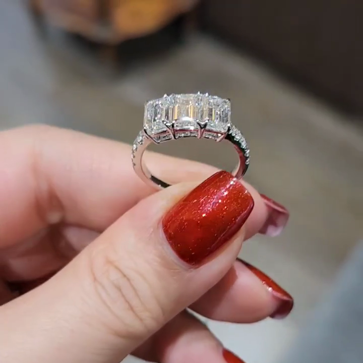 3.30tcw Emerald Lab Diamond Pavé Engagement Ring | Three Stone | Custom Gold | IGI Certified