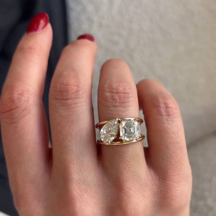 Pear & Asscher 3.00tcw Lab Diamond Ring | Toi et Moi | Wave Band | IGI Certified | D-E-F | VVS–VS