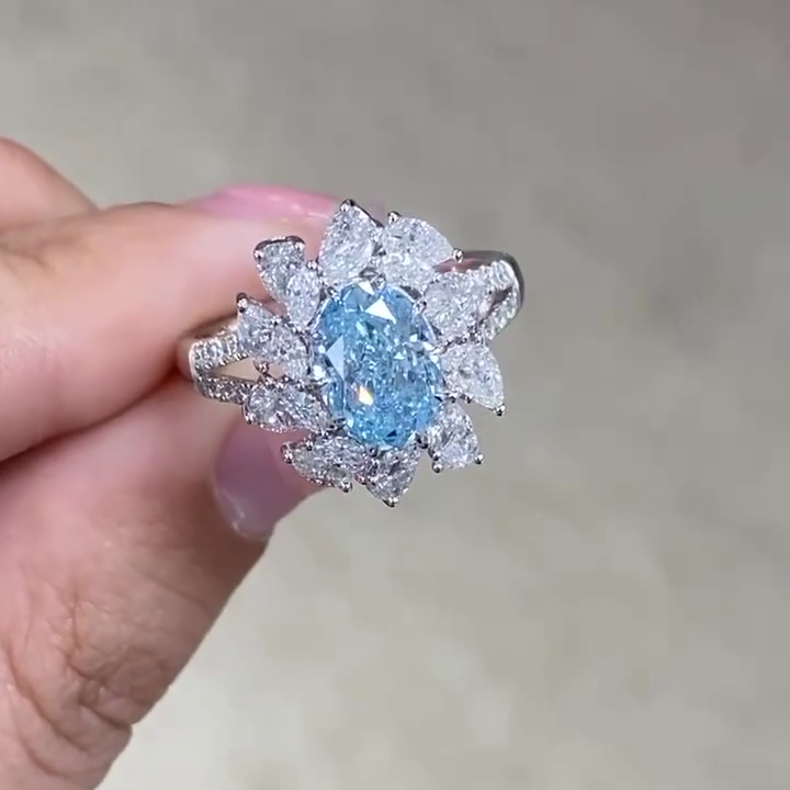 Fancy Blue Oval Lab Diamond Ring 5.00tcw with Floral Halo | VVS–VS IGI Certified
