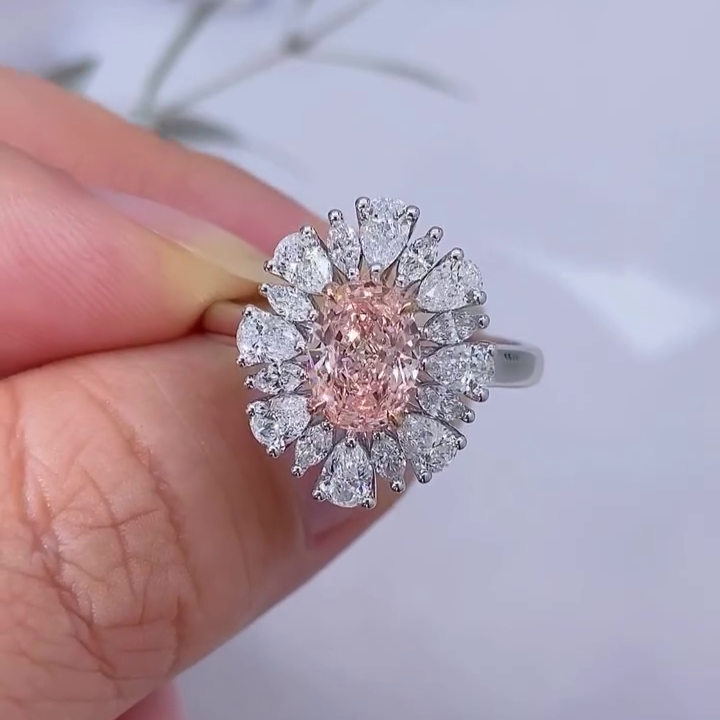 2.50tcw Oval Fancy Pink Lab Grown Diamond Halo Engagement Ring | Pear & Marquise Side Stones | VVS–VS Clarity | IGI Certified | 14k/18k Gold