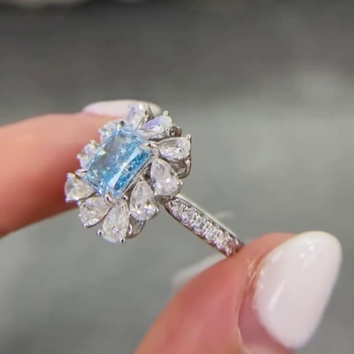 Fancy Blue Radiant 3.00tcw Lab Grown Diamond Cluster Engagement Ring | IGI Certified