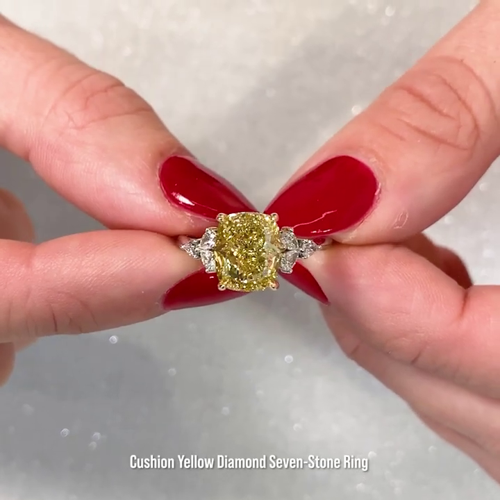 Fancy Yellow Cushion 3.40tcw Lab Diamond Seven-Stone Ring | IGI Certified