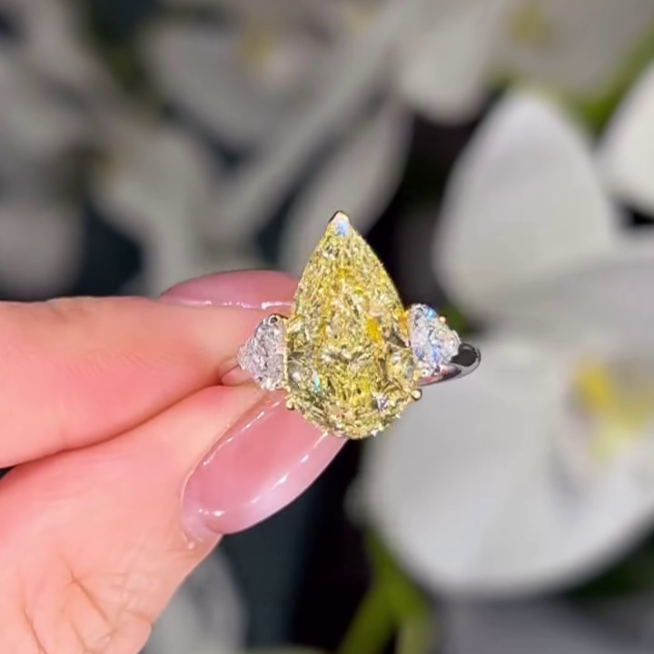 Pear Fancy Yellow 6.00tcw Lab Diamond Two Tone Three Stone Ring | Cathedral Setting | VVS–VS