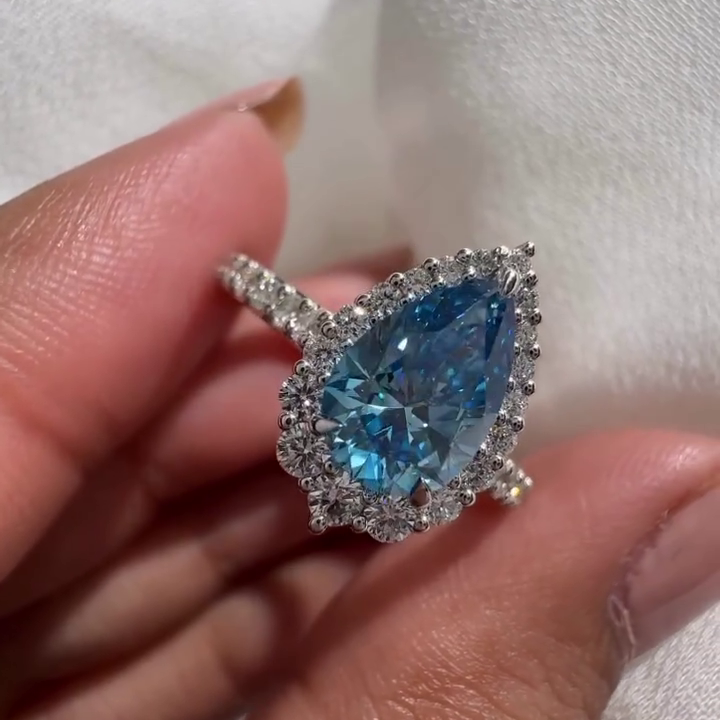 Fancy Blue Pear 6.00tcw Lab Grown Diamond Halo Engagement Ring | IGI Certified