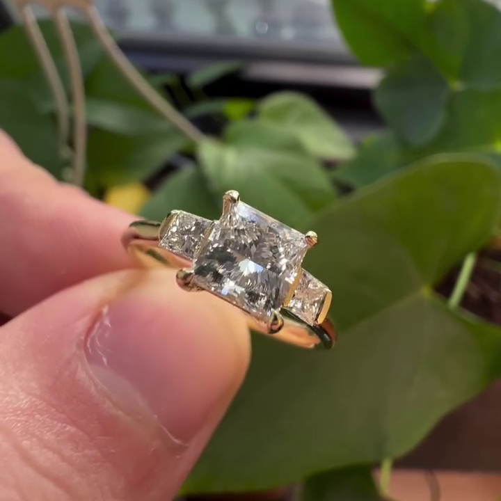 3.00tcw Princess Lab Grown Diamond Three Stone Engagement Ring | Half Bezel | IGI Certified