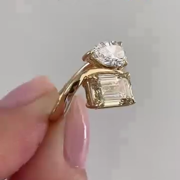Emerald Fancy Yellow And Pear White 2.50tcw Lab Grown Diamond Two Stone Engagement Ring, VS Clarity