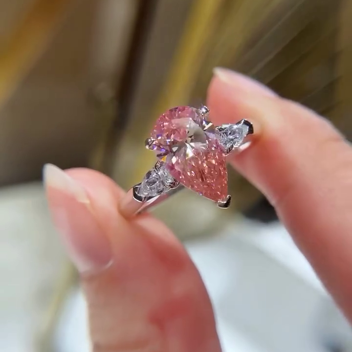 Pear Shape 2.60tcw Fancy Pink Lab Grown Diamond Engagement Ring | Three Stone Ring | 2.50ct Center | IGI Certificate