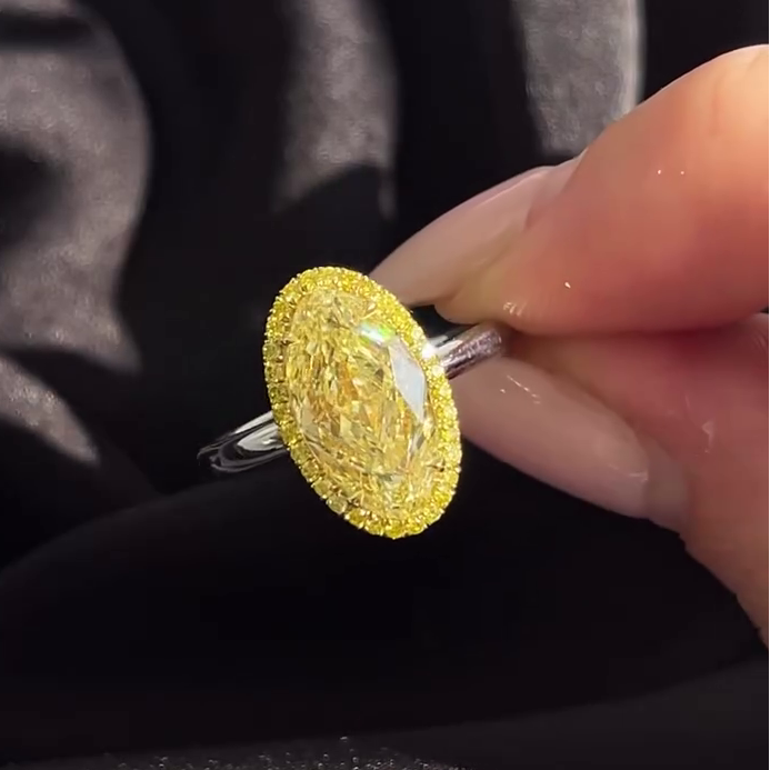 4.00ct Fancy Yellow Oval Diamond Halo Ring | 0.30ct Yellow Pavé | 14K White Gold | Statement Engagement Ring | Antique Cut Fine Jewelry