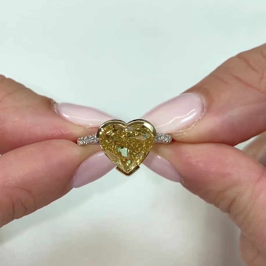 Heart 4.50tcw Fancy Yellow Lab Diamond Cathedral Semi-Bezel Ring | Hidden Halo | IGI Certified