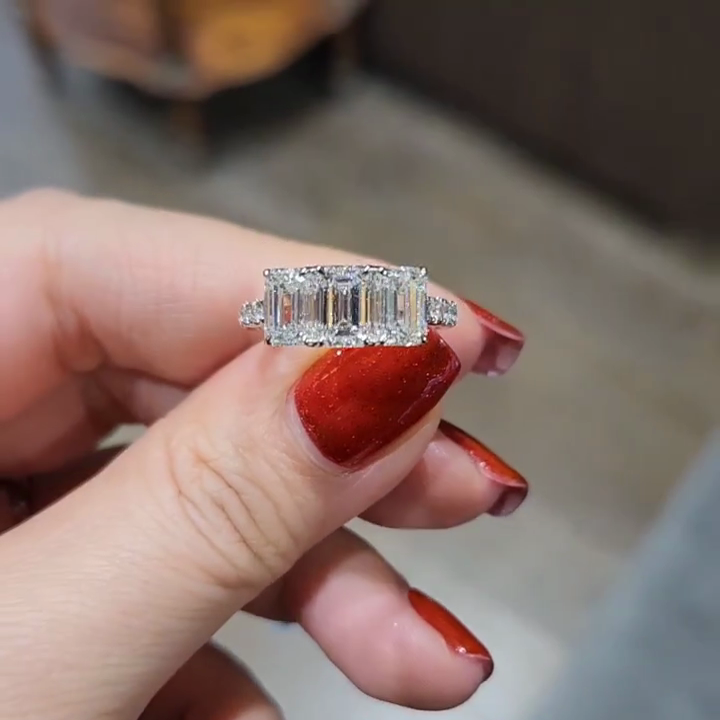 3.30tcw Emerald Lab Diamond Pavé Engagement Ring | Three Stone | Custom Gold | IGI Certified