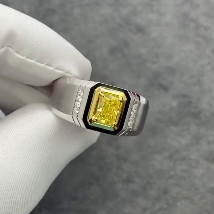 Radiant Fancy Yellow 2.05tcw Lab Grown Diamond Two Tone Bezel Set Men's Ring, VVS-VS Clarity - IGI Certified Ring