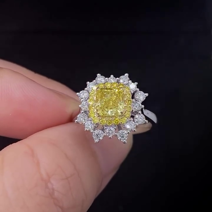 SQ Cushion 2.30tcw Fancy Yellow Lab Diamond Double Halo Ring | IGI Certified VS Clarity