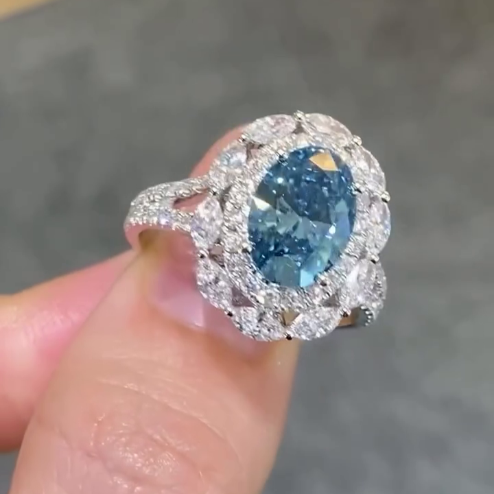 Oval 2.00ct Fancy Blue Lab Grown Diamond Engagement Ring | 5.00tcw Double Halo Ring | IGI Certified | White Gold | VVS–VS Clarity