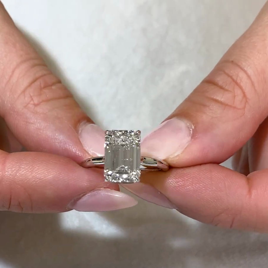 3.10tcw Emerald Lab Diamond Engagement Ring | Hidden Halo | Baguette Accents | IGI Certified