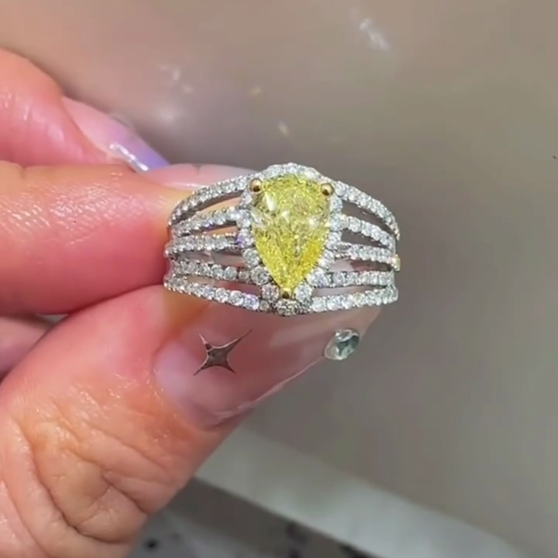 Fancy Yellow 3.00tcw Pear-Shaped Lab Diamond Engagement Ring | Pavé Split Shank
