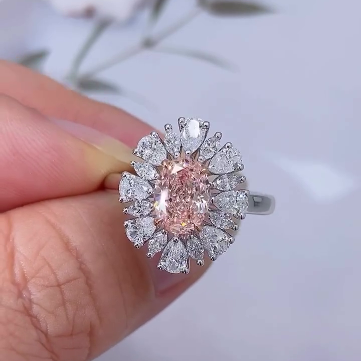 Fancy Pink Oval 2.70ct Lab Grown Diamond Engagement Ring | Double Halo And Side Stones | VVS-VS Clarity | IGI Certified
