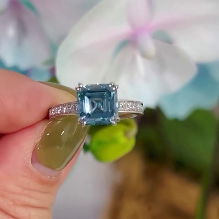 Fancy Blue Asscher 2.90tcw Lab Grown Diamond Engagement Ring | IGI Certified