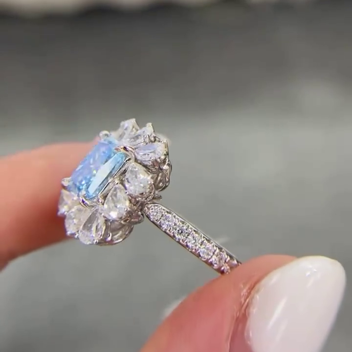 Fancy Blue Radiant 3.00tcw Lab Grown Diamond Cluster Engagement Ring | IGI Certified