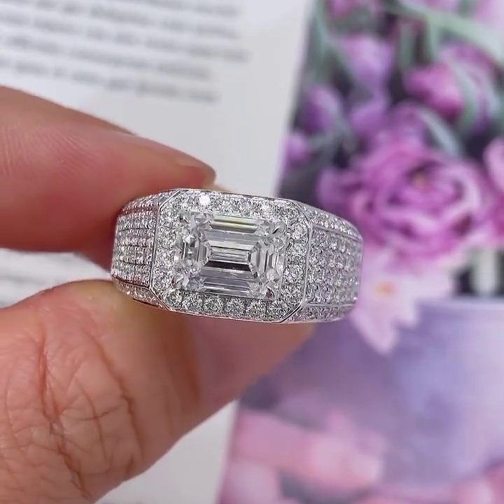 3.50tcw Men’s Engagement Ring | Emerald Lab Diamond with Round Side Stones | IGI Certified