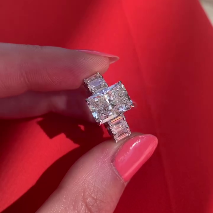 11.30tcw Radiant Lab-Grown Diamond Engagement Ring with Emerald Side Stones