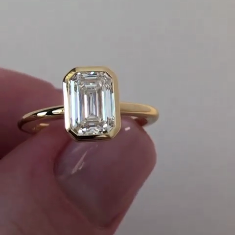 Emerald Cut 1.70ct Lab Grown Diamond Bezel Engagement Ring | Minimalist Solitaire | IGI Certified | Yellow Gold | Ethical Jewelry