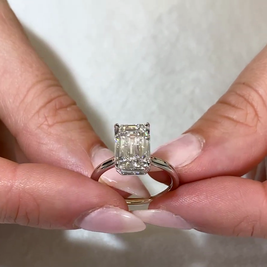 3.10tcw Emerald Lab Diamond Engagement Ring | Hidden Halo | Baguette Accents | IGI Certified