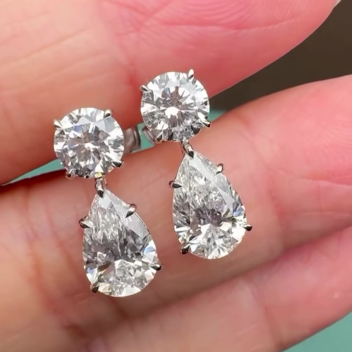 Round And Pear 10.00tcw Lab Grown Diamond Dangle Drop Earrings, D-E-F Color, VVS-VS Clarity