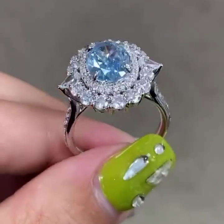 Fancy Blue 5.50tcw Oval Lab Diamond Double Halo Ring | IGI Certified