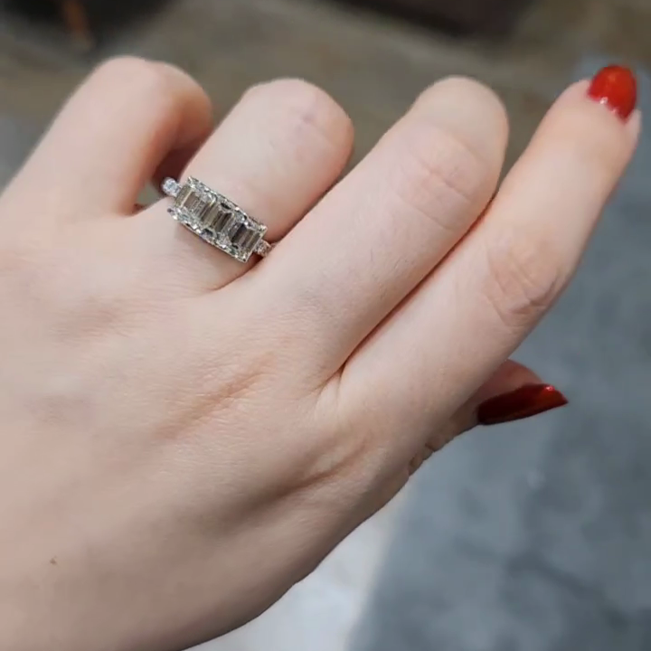 3.30tcw Emerald Lab Diamond Pavé Engagement Ring | Three Stone | Custom Gold | IGI Certified