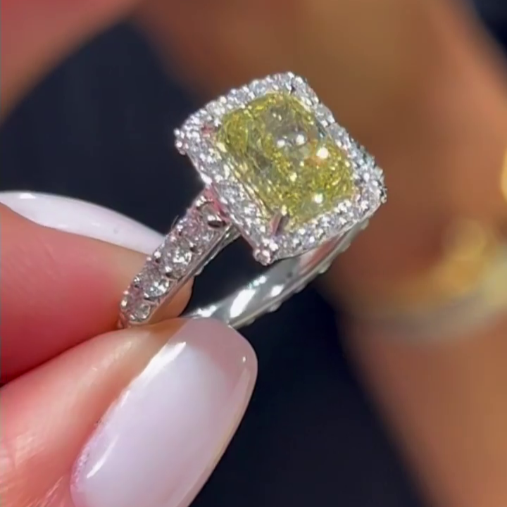 3.40tcw Cushion Cut Yellow Diamond Engagement Ring | Halo with Side Diamonds