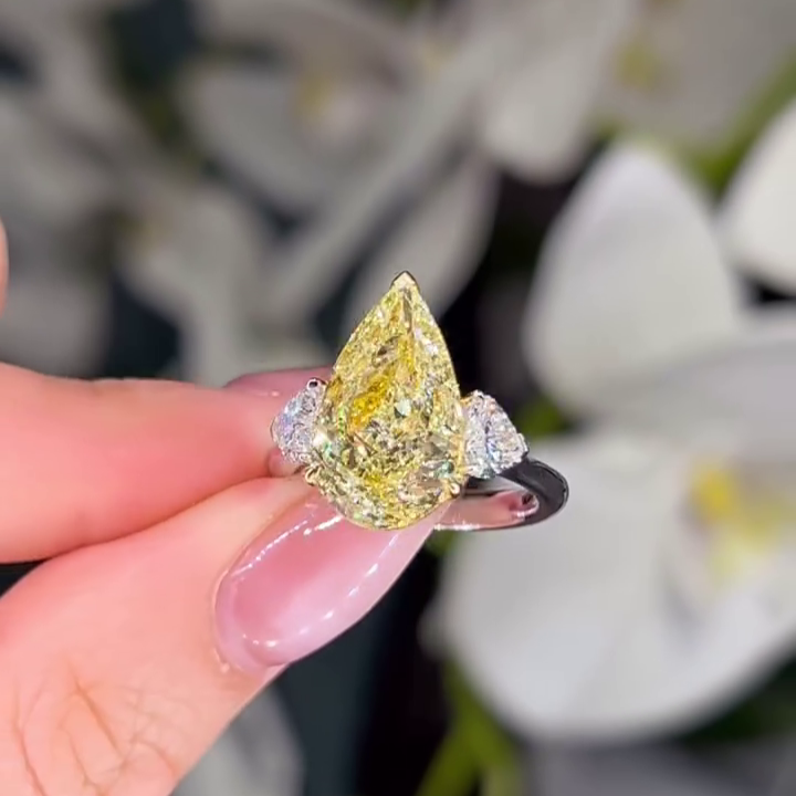 Pear Fancy Yellow 6.00tcw Lab Diamond Two Tone Three Stone Ring | Cathedral Setting | VVS–VS