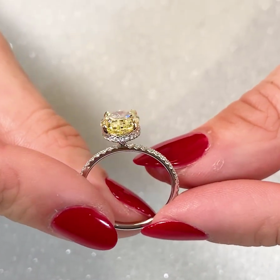 Oval Fancy Yellow 2.90tcw Lab Diamond Hidden Halo Ring | Two-Tone | IGI Certified