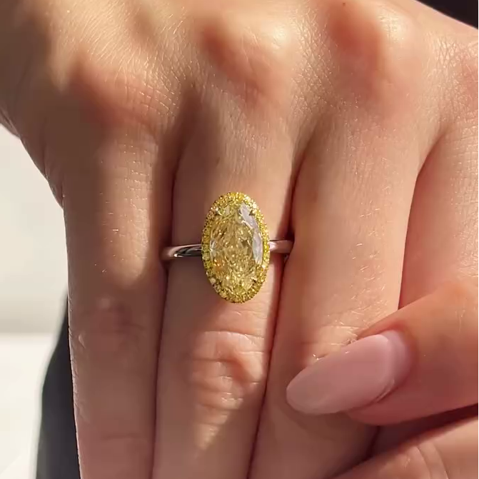 4.00ct Fancy Yellow Oval Diamond Halo Ring | 0.30ct Yellow Pavé | 14K White Gold | Statement Engagement Ring | Antique Cut Fine Jewelry