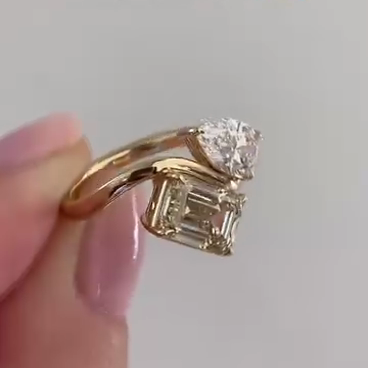 Emerald Fancy Yellow And Pear White 2.50tcw Lab Grown Diamond Two Stone Engagement Ring, VS Clarity