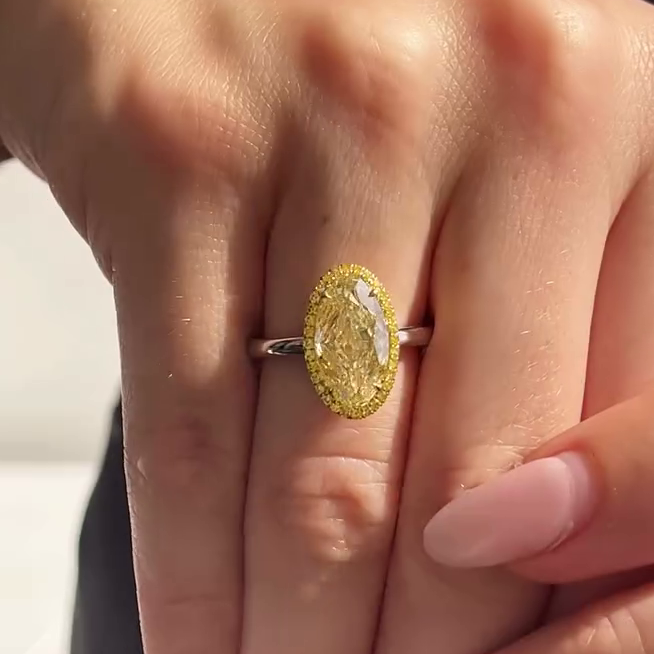 4.00ct Fancy Yellow Oval Diamond Halo Ring | 0.30ct Yellow Pavé | 14K White Gold | Statement Engagement Ring | Antique Cut Fine Jewelry