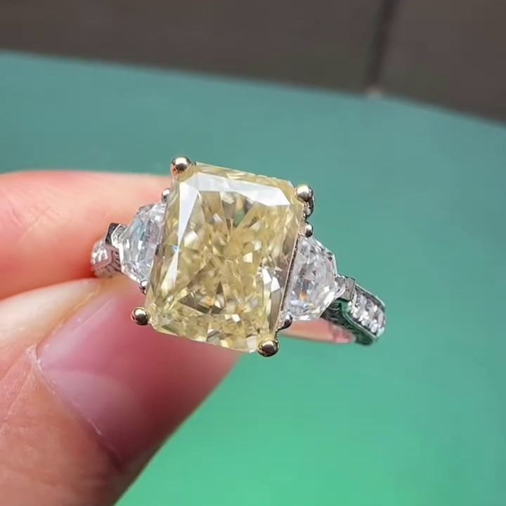 Radiant Fancy Yellow 4.00ct Lab Diamond Ring | 1.50ct White Side Stones | IGI Certified