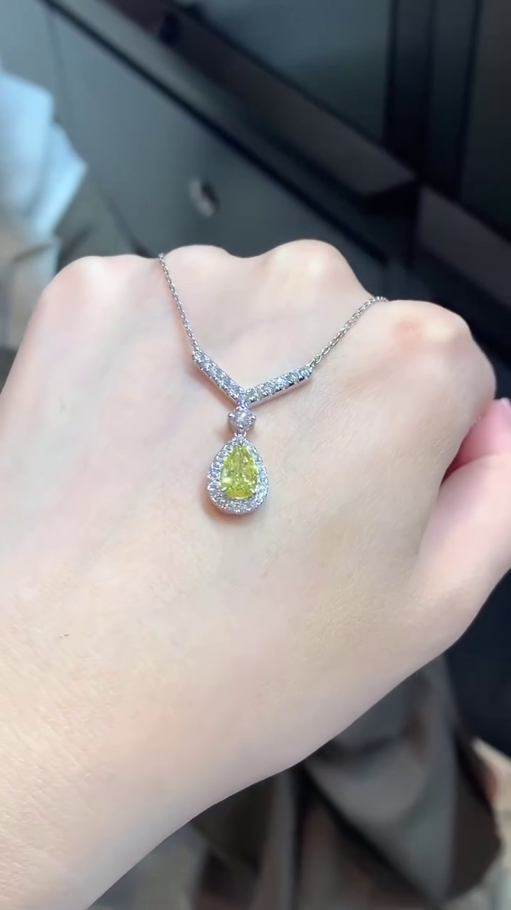 Pear 2.20tcw Fancy Yellow Lab Diamond Halo Pendant | IGI Certified | VS Clarity | Custom Gold